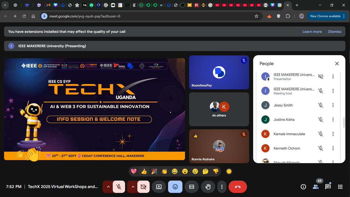 IEEEMAKSB's tweet image. ✅ Day One of #TechXUG25 done!

📍 48 attendees joined as:

@AfroBoyUg  intro’d TechX + theme (AI + Web3 🌍)
@AsasiraArthur  shared Botathon rules
@boundlesspay  teased tomorrow’s crypto &amp;amp; payments session 💳

The energy = 🔥 Can’t wait for Day 2! 🚀

#Botathon #AI #Web3