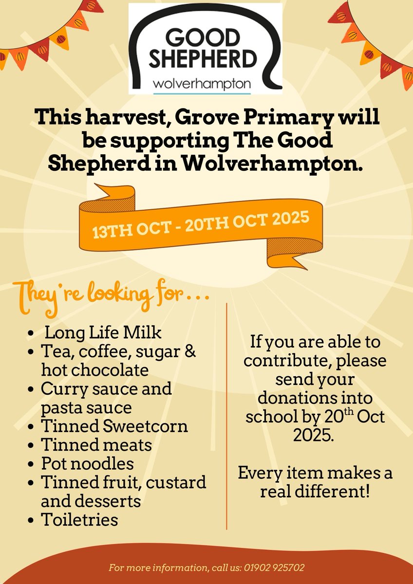 It’s that wonderful time of year when we come together to celebrate Harvest and give thanks! We are collecting donations for The Good Shepherds in Wolverhampton, and your support makes a big difference.
📅 Please bring your donations to school by: 20th October 2025
#HarvestTime