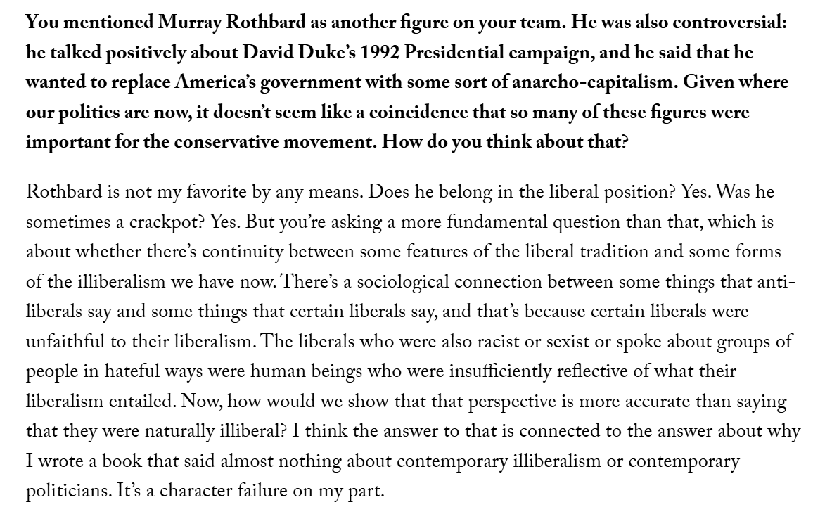 issuing correction on a previous book of mine, regarding the Ku Klux Klan sympathizer Murray Rothbard. you do not, under any circumstances, "gotta hand it to him"