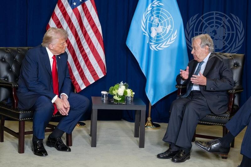 UN_Spokesperson's tweet image. On the margins of #UNGA80, Secretary-General @antonioguterres met with the President of the United States. 

Read the transcript of their remarks at the beginning of the bilateral meeting: 
un.org/sg/en/content/…