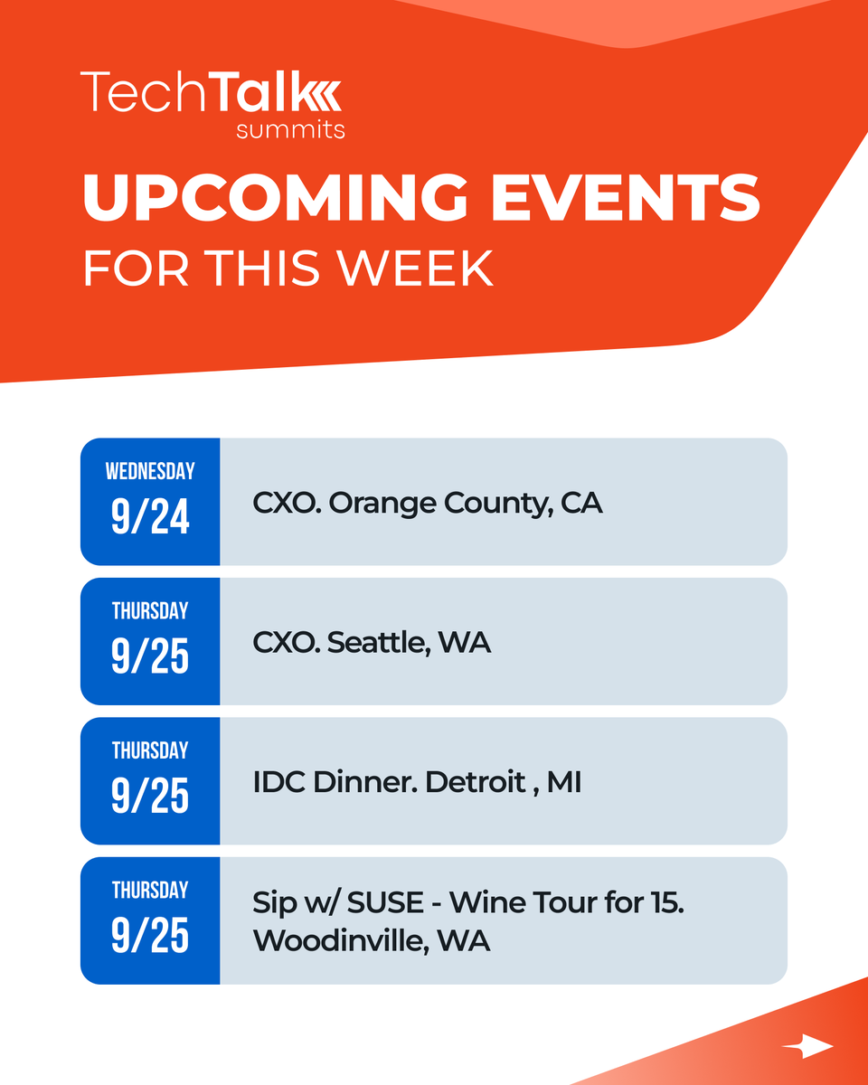 techtalksummits's tweet image. Good Afternoon from #TechTalkSummits! Coming up this week:

Wednesday 9/24 - CXO Summit - Orange County, CA
Thursday 9/25 - CXO Summit - Seattle, WA
Thursday 9/25 - IDC Dinner - Detroit, MI
Thursday 9/25 - Wine Tour with SUSE - Woodinville, WA

It&apos;s not too late to register for…