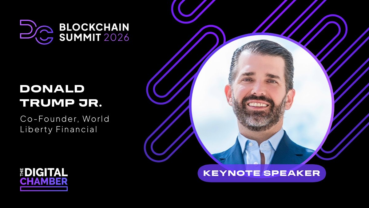 DigitalChamber's tweet image. We&apos;re thrilled to announce @DonaldJTrumpJr as a #DCBlockchain Summit 2026 featured keynote speaker! Co-Founder of @WorldLibertyFi, a leading DeFi platform. 

Join us on 3/17-3/18 in DC as we shape blockchain for a better tomorrow: bit.ly/DCBS26