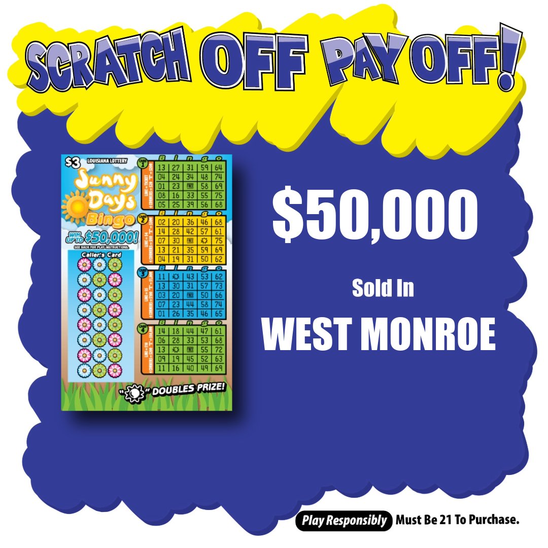 Congrats to Smokers Express # 5 on Bailey Street in #WestMonroe! 🎉

They sold a $50,000 prize-winning Sunny Days Bingo #ScratchOff! 🤩

👉 brnw.ch/21wW1PR