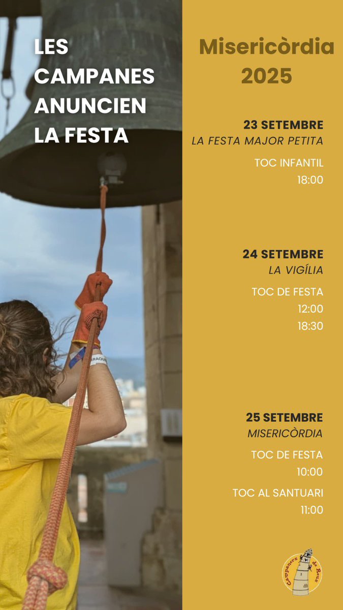 🔔Ja tenim aquí la nostra estimada Misericòrdia i Campaners de Reus farem sonar les campanes, un any més, per celebrar-ho plegats i anunciar la festa!

👉 El tret de sortida el donen els PiCs del MontsantCim, acompanyant el seguici petit amb el Toc de Festa Major petita.