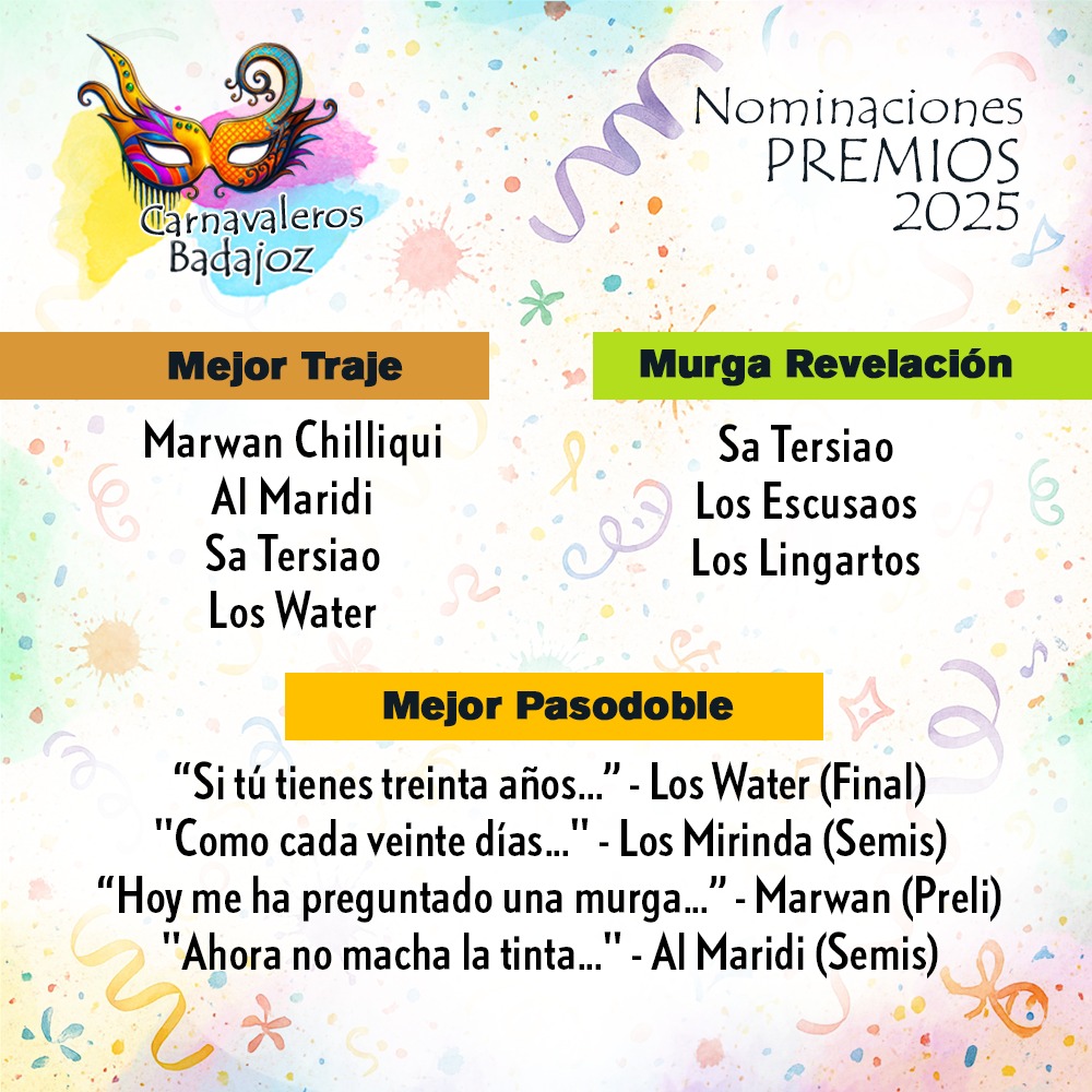 🎭 ¡Seguimos con los Premios Carnavaleros Badajoz 2025! 🎭

Hoy damos a conocer 3 nuevas categorías con sus nominados ✨.
Y ojo 👀, aún quedan muchas más por desvelar mañana.