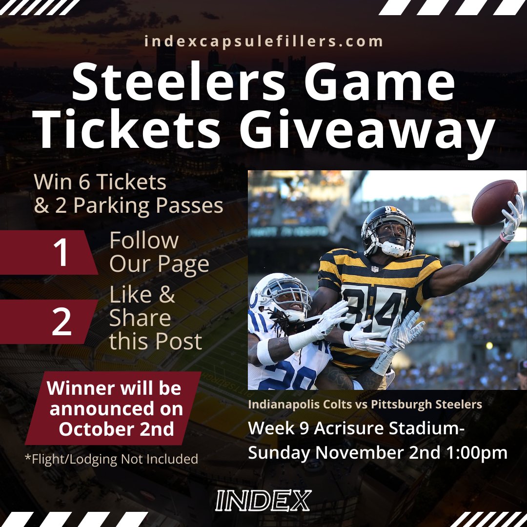 Score big with 6 tickets to see the Colts vs. Steelers game!  Follow, like, and repost for your chance to win this awesome NFL giveaway! #HereWeGo #Colts #Steelers