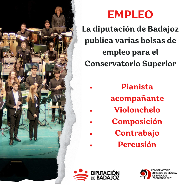 #EMPLEO Bolsas de profesores de violonchelo, composición, contrabajo, percusión y pianista acompañante en el Conservatorio Superior de la <a href="/DipdeBadajoz/">Diputación de Badajoz</a> 
Enlace: dip-badajoz.es/bop/ventana_bo…
