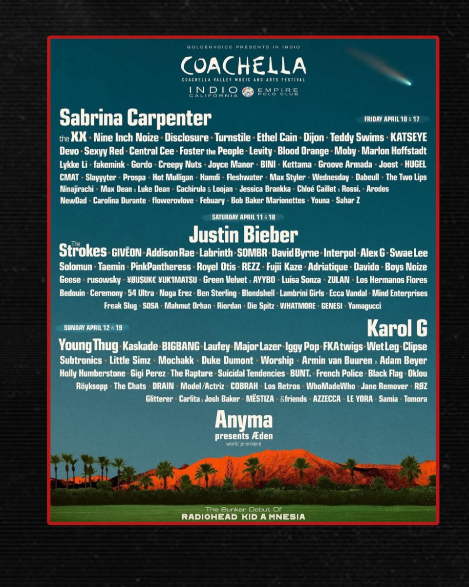 Coachella earlier announced Sabrina Carpenter, Justin Bieber, Karol G and Anyma as headliners for next year! 🤩 Tickets were being sold for $892 CAD and VIP starting at $1,960 while weekend 2 tickets were going for $754 CAD and VIP around $1,815. 
📸: Coachella/ Instagram, Getty