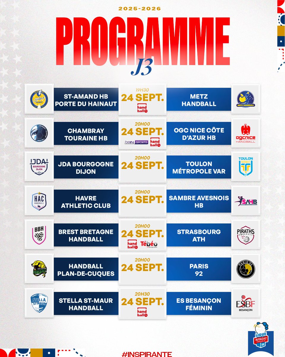 🙌 Après une belle semaine internationale, retour de la #LigueButagazEnergie ce mercredi 24 septembre ! 

🍿 4 rencontres à suivre en direct sur HandballTV 
📺 <a href="/CTHandBall/">Chambray Touraine Handball</a>  🆚 <a href="/ogcnicehb/">OGC Nice Handball</a>  co-diffusé sur beIN SPORTS 
👉 ligue-feminine-handball.fr/calendrier/?jo…

#inspirantes