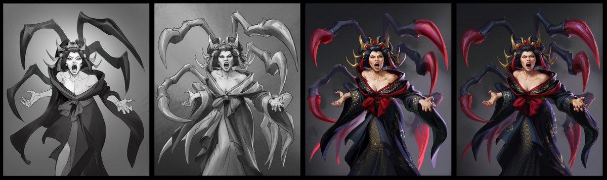 Per suggestions, sharing more behind-the-scenes from game production! Depending on time, I’ll post more, but here’s a WIP of the latest promotional pic of Magumo. 
Fun fact: our artists 🎨created multiple initial poses for us to choose from before rendering even began! #AgeOfMyth