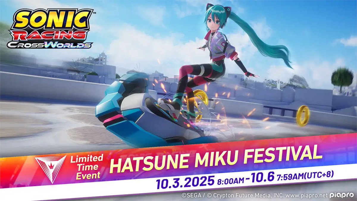 SAAC_News's tweet image. Hatsune Miku festival will take place in Sonic Racing CrossWorlds from October 3rd to 6th!

Complete special missions and goals to unlock vocaloid decals, a new gadget, a horn, and a title among other rewards.

#Sonic #SonicTheHedgehog #SonicRacingCrossWorlds #SonicNews