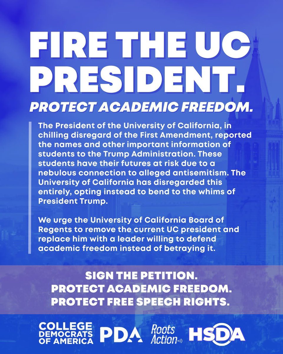 Roots_Action's tweet image. Free speech rights should never be infringed, especially in universities.  Please sign this petition urging the UC Board of Regents to fire the UC president James Milliken: actionnetwork.org/petitions/remo…

Milliken greenlighted the naming of names without the slightest due process or…