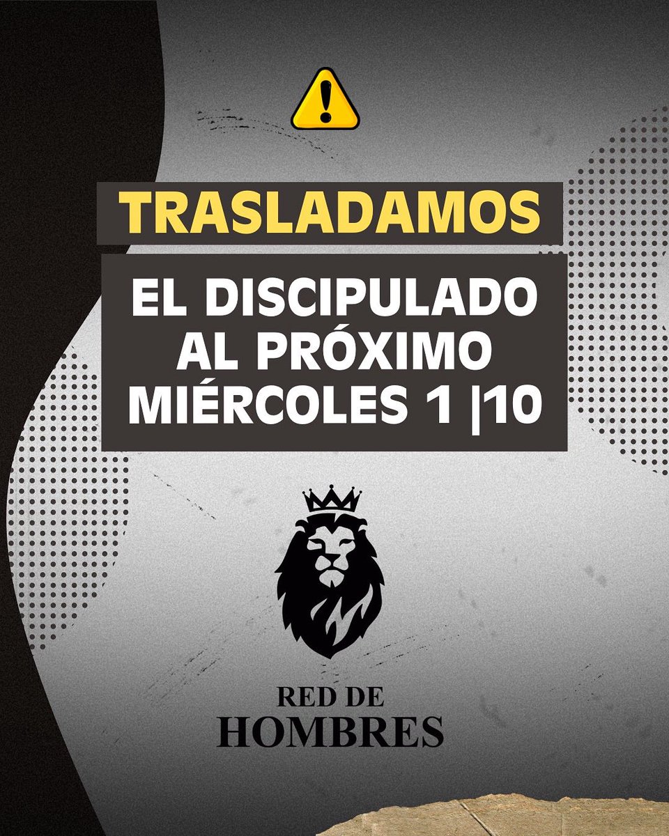 Queremos contarles que las clases de Discipulado de esta semana se trasladan al: 

👉🏻 MIÉRCOLES 1 de octubre.

Les esperamos a todos ese día para compartir juntos un tiempo especial. 🔥
