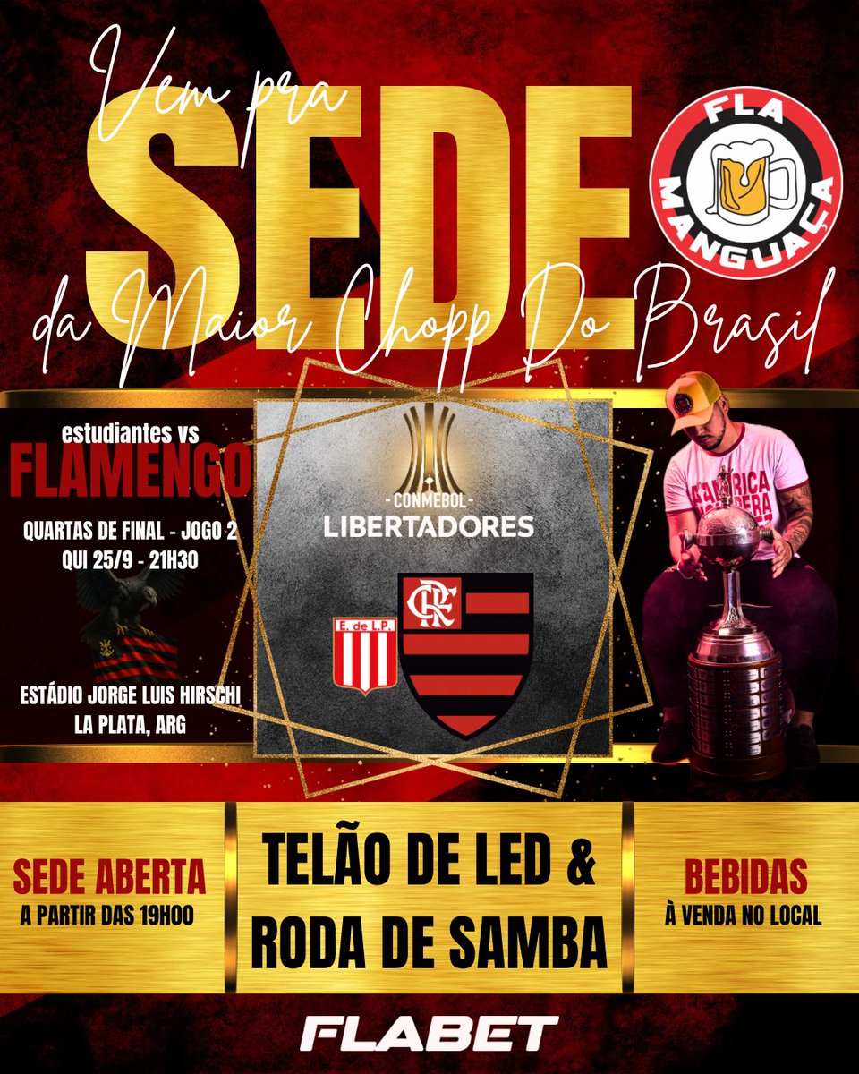 EM BUSCA DA GLÓRIA ETERNA!

Quinta-feira 25/9) é dia de SEDE da #MaiorChoppDoBrasil 

O #Flamengo vai a La Plata na Argentina enfrentar o estudiantes pelo Jogo 2 das Quartas de Final da #ConmebolLibertadores 

Vem com a #FlaManguaça que a Cerveja já está estupidamente gelada, a
