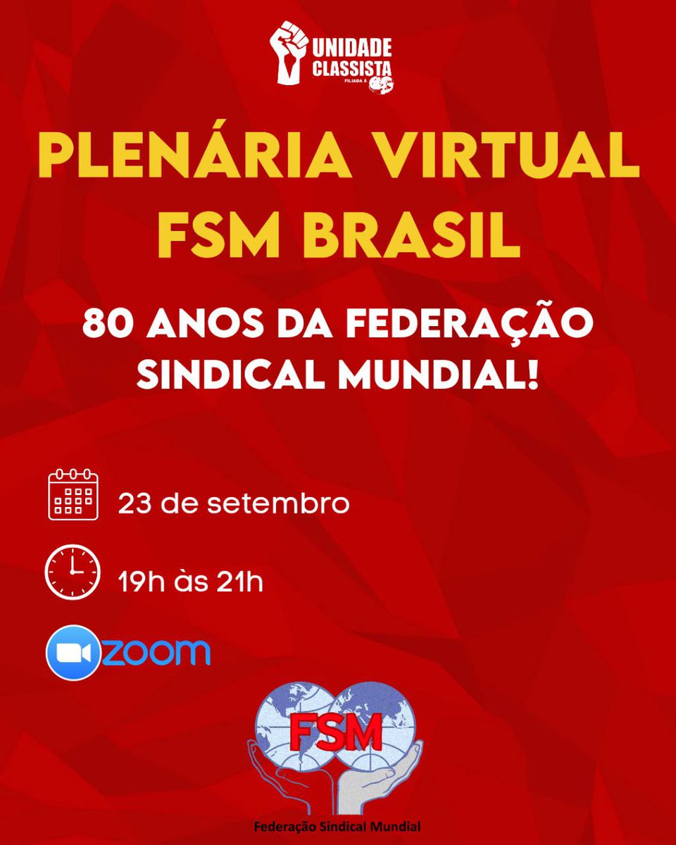 OficialUnidade's tweet image. É HOJE!!!

Plenária Virtual FSM Brasil

Inscreva-se antecipadamente para esta reunião: 
us02web.zoom.us/meeting/regist… 

#FSM80anos #FederaçãoSindicalMundial #FSM
#UnidadeClassista #FuturoSocialista #ClasseTrabalhadora #LutaInternacional