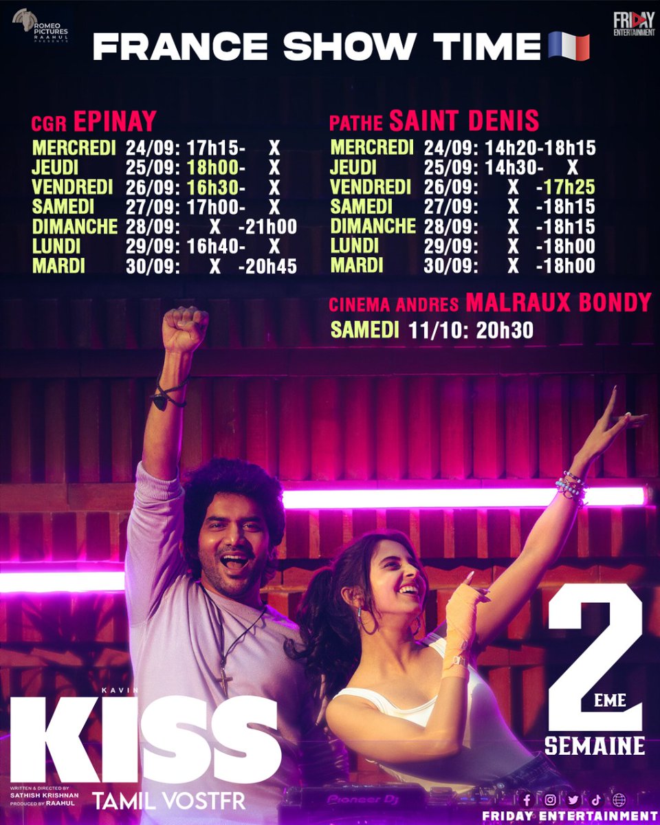 FridayEntmt's tweet image. 🎬 KISS enters Week 2 in theaters!
Starring @Kavin_m_0431 &amp;amp; @PreethiOffl — directed by @dancersatz.

🎵 Music @JenMartinmusic • Produced by @mynameisraahul / @romeopictures_

#KISS #Week2 #NowShowing @Hamsinient