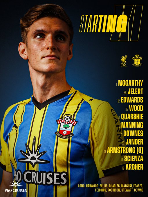 Southampton’s teamsheet graphic, with an image of Elias Jelert stood in Saints’ yellow and blue away kit. The listed team is:

Starting XI: McCarthy, Jelert, Edwards, Wood, Quarshie, Manning, Downes, Jander, Armstrong (c), Scienza, Archer.

Subs: Long, Harwood-Bellis, Charles, Matsuki, Fraser, Fellows, Robinson, Stewart, Downs.