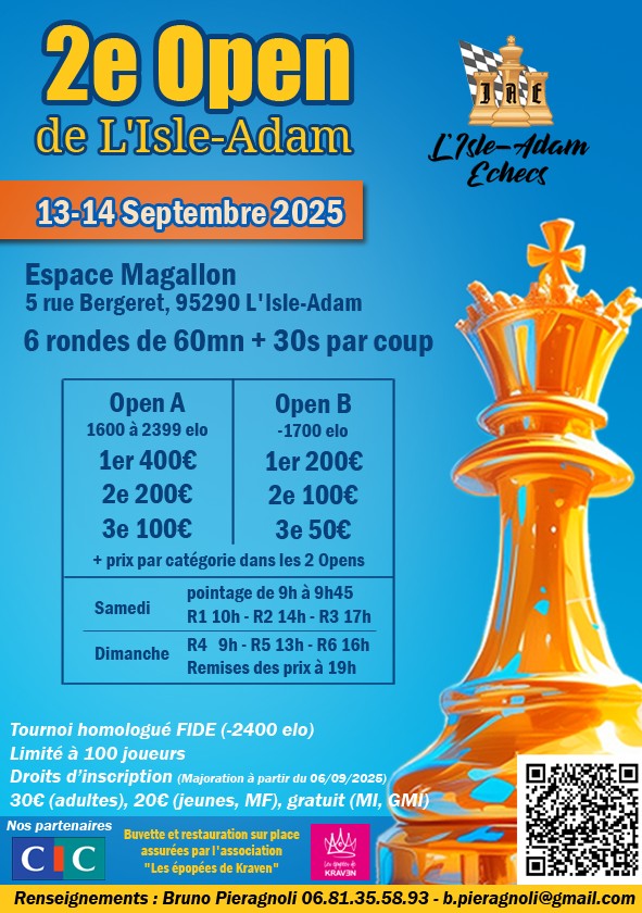 cavalier_tour's tweet image. [La vie du club] #échecs #SaintMandé - Tournoi de L&apos;Isle-Adam (13/14 sept. 2025)
➡️ Trois joueurs ont participé : Hugo (Open A), Sacha et Nicolas (Open B) 
👉 tinyurl.com/ycxs5nt8