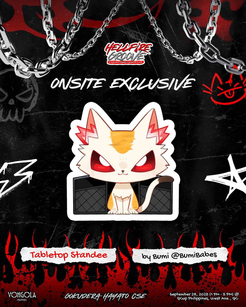 💥 ONSITE EXCLUSIVE TABLETOP STANDEE 💥

Collector’s item alert! ✨

These super adorable tabletop standees of our Rockstar and his favorite feline companion by <a href="/BumiBabes/">Bumi 🐻 🖌️</a> will be up for grabs on Sunday, so get your wallets ready! 😼🎸

#GokuderaHayatoCSE #HellfireGroove