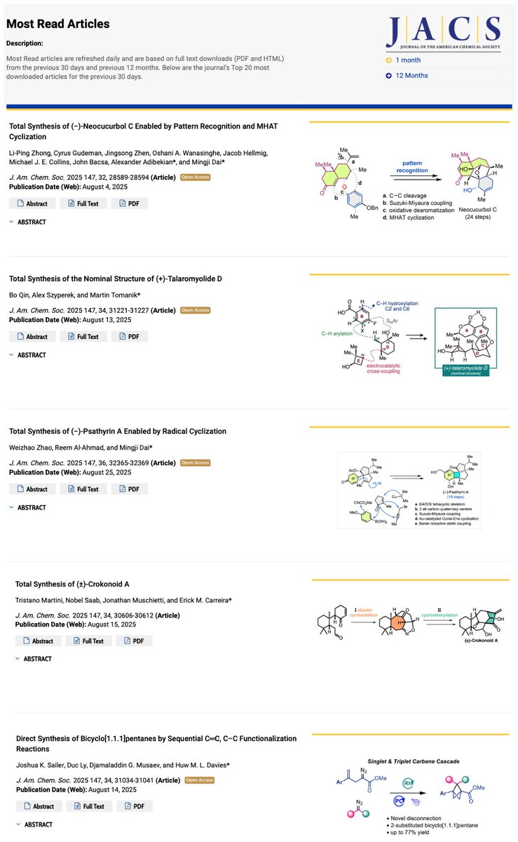 Mingji Dai (@mingjidai) on Twitter photo Happy to see that two of our recent total syntheses are among the top three Most Read Articles <a href="/J_A_C_S/">J. Am. Chem. Soc.</a>; Among the top five, three are from Emory <a href="/EmoryChem/">Emory Chemistry</a> <a href="/emorycollege/">Emory College</a> <a href="/EmoryUniversity/">Emory University</a> and four are total synthesis papers <a href="/TotalSynthesis/">Total Synthesis</a>! Cheers!
pubs.acs.org/action/showMos… Happy to see that two of our recent total syntheses are among the top three Most Read Articles <a href="/J_A_C_S/">J. Am. Chem. Soc.</a>; Among the top five, three are from Emory <a href="/EmoryChem/">Emory Chemistry</a> <a href="/emorycollege/">Emory College</a> <a href="/EmoryUniversity/">Emory University</a> and four are total synthesis papers <a href="/TotalSynthesis/">Total Synthesis</a>! Cheers!
pubs.acs.org/action/showMos…