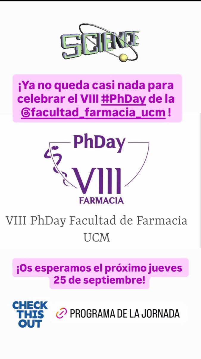 🎓🔬 ¡Ya casi está aquí el VIII PhDay de la <a href="/ffarmaciaUCM/">Facultad Farmacia UCM</a> !
El próximo jueves 25 de septiembre nos reuniremos para compartir ciencia, ideas y mucha inspiración 💡

📍 Dónde: AULA 221. Facultad de Farmacia, #UCM

Programa completo 👉 farmucmphday.wordpress.com/wp-content/upl…

#PhDay #Farmacia #UCM