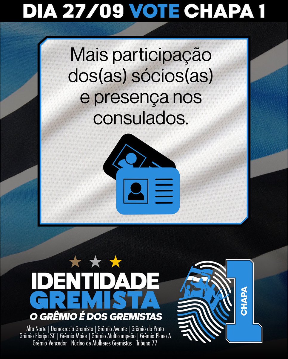 gremioprata's tweet photo. O Grêmio é feito da força de todos que vestem o manto tricolor.
A Chapa 1 defende um clube mais inclusivo e representativo, com redução da cláusula de barreira para que mais torcedores entrem no Conselho.
Dia 27/09, vamos juntos por um Grêmio plural.
Vote Chapa 1 https://t.co/jdbLCKxTmj