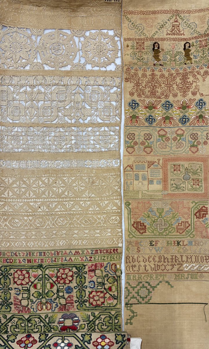 IsabellaRosner's tweet image. Best thing ever from the @V_and_A stores today: on the front of Margret Mason’s 1660 sampler are clothed “boxer” figures (little men holding gifts, acorns here). Turn the sampler over and the men look much the same but are completely naked!