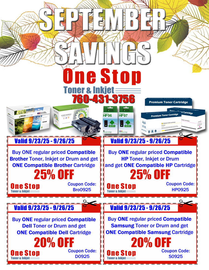 OneStopToner's tweet image. Save up to 25% with our September coupons! Please call us at 760-431-3756 or visit toner-inkjet.com