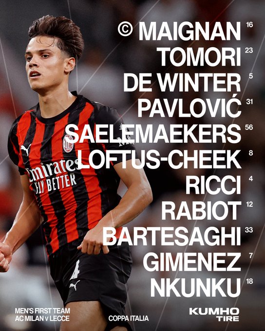 A soccer player wearing a red and black striped jersey with the AC Milan logo and "Emirates Fly Better" text, running on a field. Text overlay lists player names and numbers: Maignan 16, Tomori 23, De Winter 5, Pavlovic 31, Saelemaekers 56, Loftus-Cheek 8, Ricci 4, Rabiot 25, Bartesaghi 33, Gimenez 7, Nkunku 18. A watermark reads "Kumho Tire".
