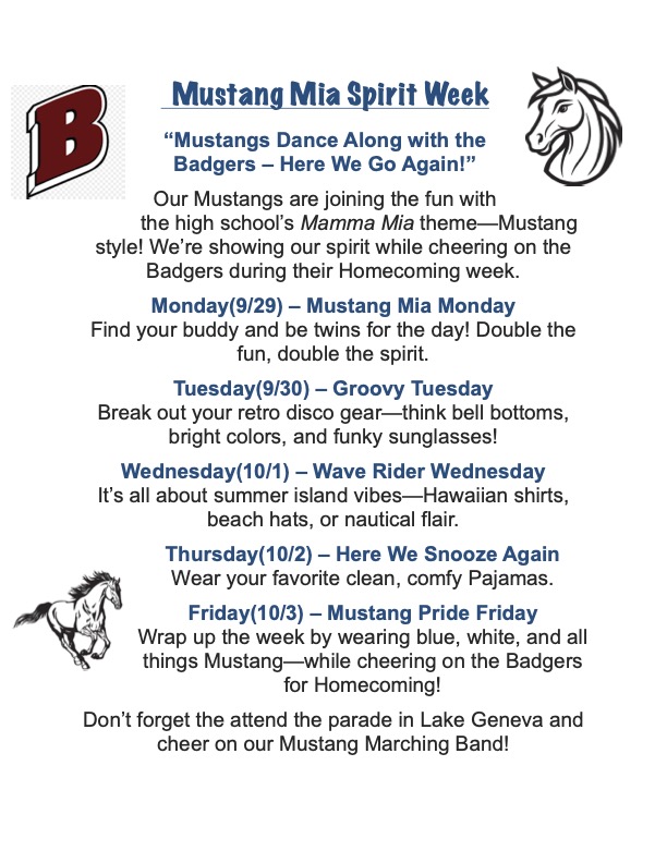 The Mustangs are joining in the Badger Homecoming fun! 🐎💙Support our Badgers, show your Mustang spirit&amp;have a blast at the homecoming parade — all while dressing up Mustang Mia style! 🎉

#MustangMia #GoMustangs #HomecomingFun #SpiritDay