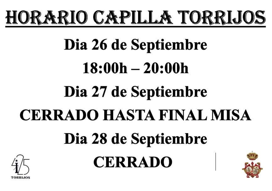HdadTorrijos's tweet image. ACTUALIDAD: Con motivo de los actos conmemorativos del CDXXV Aniversario del Hallazgo del Cristo de Torrijos, se modifica el horario de visitas a la Capilla del Cristo de Torrijos.