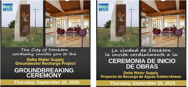 Join City of Stockton's groundbreaking on the Groundwater Recharge Project the start of constructing recharge basins to store water underground ready for use during dry years/droughts.
Sep 25 @ 10am
Delta Water Treatment Plant
11373 N Lower Sac Rd Lodi, CA
stocktonca.gov/groundwater