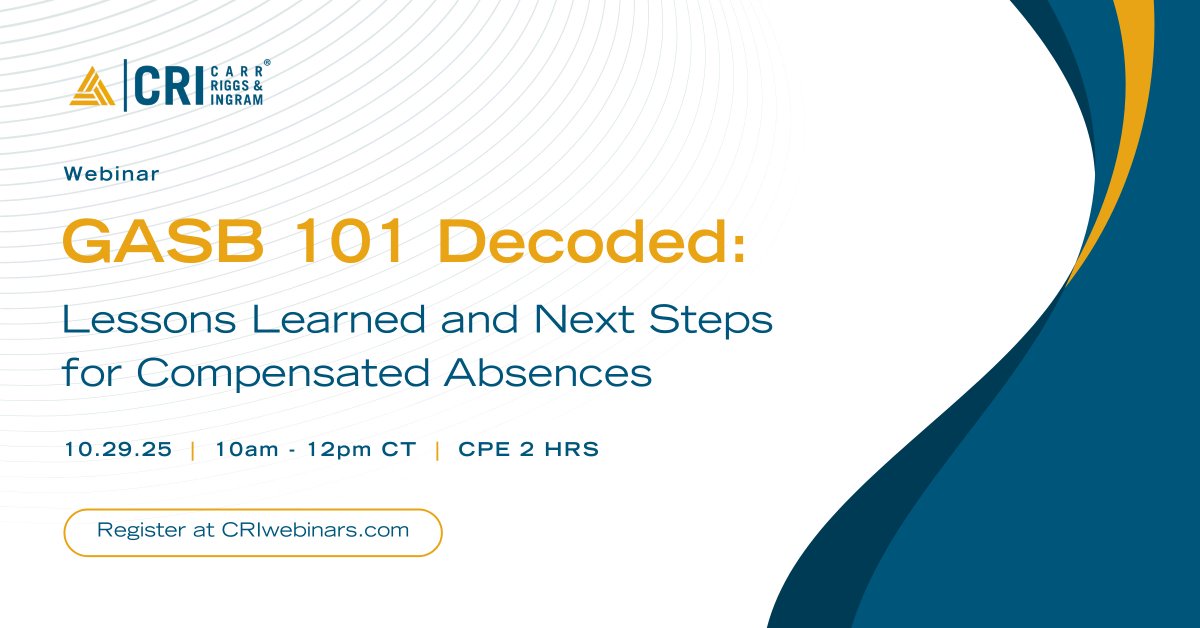 State &amp; local govs are navigating GASB Statement No. 101 on Compensated Absences. 🌟 Join CRI for a live webinar to get practical insights, tackle compliance, and earn 2.0 CPE credits.

📅 Register: criadv.zoom.us/webinar/regist…

#CRIadv #GovernmentAccounting #CPEWebinar #GASB101