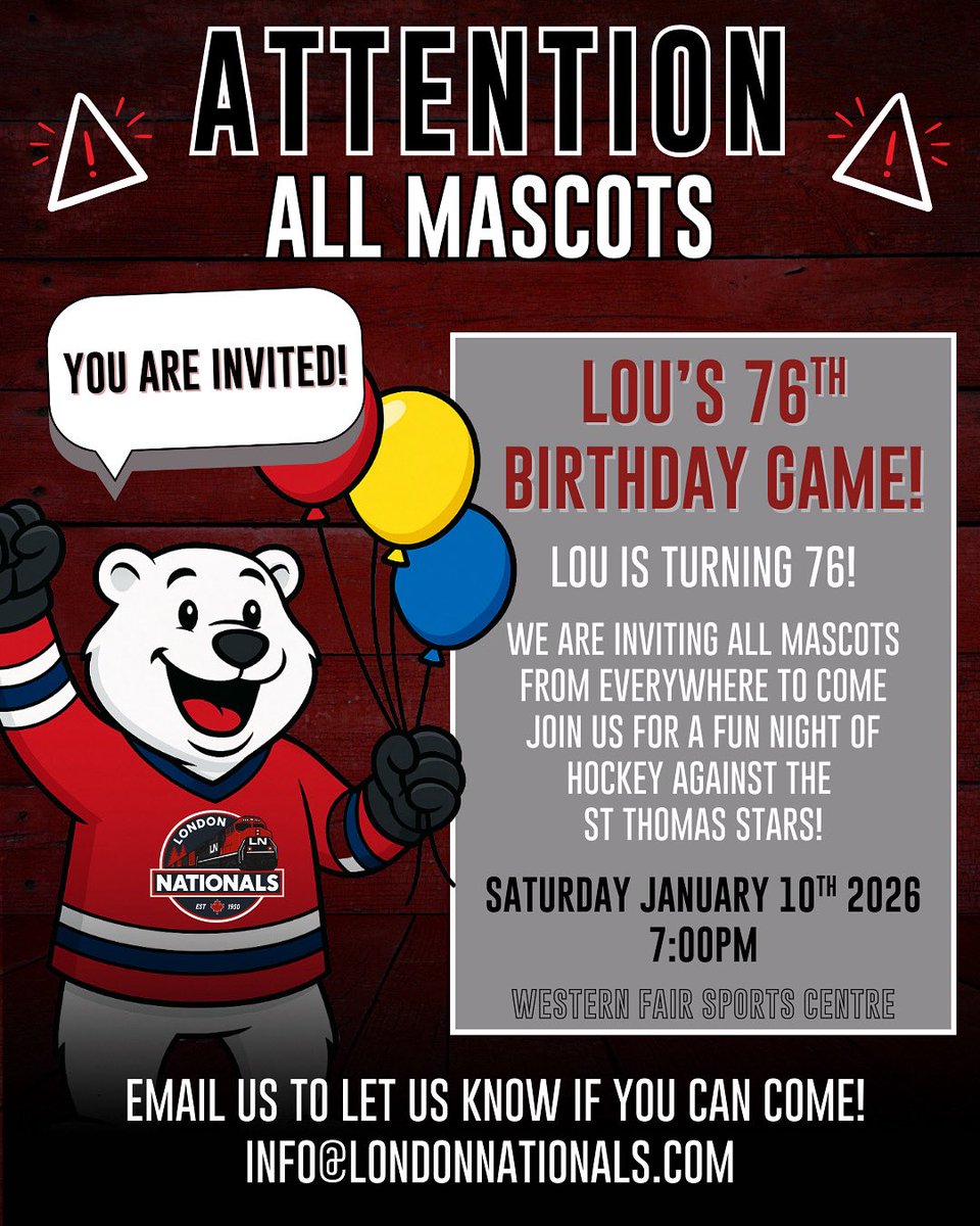 🎉🐻 It’s party time! Lou is turning 76 and we’re inviting mascots from everywhere to celebrate at his Birthday Game! 🎂🎈 Join us for a night of fun and hockey as we take on the St. Thomas Stars! 

Mascots—RSVP to us at info@londonnationals.com

#LondonNationals #HappyBdayLou