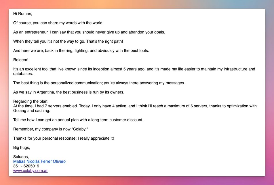 agabekovroman's tweet image. When an early customer starts a new company and still chooses your tool 🔥

This week I got a message from Matías, who’s been with Releem almost since the beginning (~5 years!):
1.He’s started a new company 💪
2.He shared great feedback on how Releem has helped over the years…