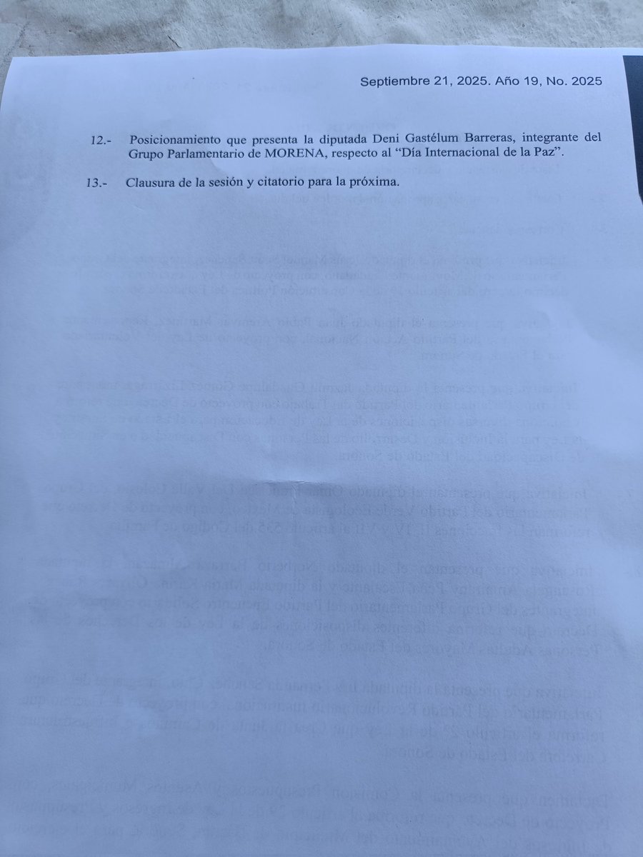 Orden del día para la sesión de hoy en el <a href="/CongresoSon/">Congreso Local Son</a> 
Ni un posicionamiento, nada.
Nadie se acordó que es 23 de septiembre. Es más, creo que el 90% de los diputados no tienen ni idea de lo que representa esa fecha para la izquierda, en un congreso mayoritariamente de izquierda.