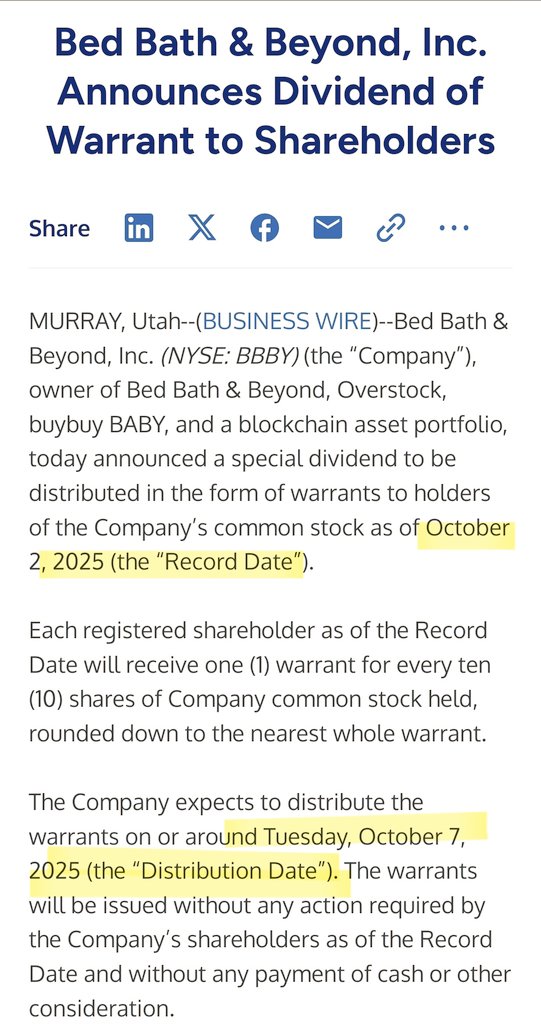 Natep717's tweet photo. Are #GME & $BBBY trying to squeeze the shorts together obviously this is highly speculative but both #GMEStock & #BBBYStock are doing warrants at the same time GME record date Oct 3rd BBBY Oct 2nd Both release around OCT 7th both are "Meme Stocks" which the same people are short. https://t.co/8rL2b06uJk