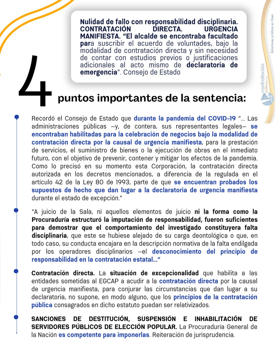 contrataenlinea's tweet photo. 🚨NULIDAD de FALLO con RESPONSABILIDAD DISCIPLINARIA. El alcalde se encontraba facultado para acudir a la modalidad de CONTRATACIÓN DIRECTA sin necesidad de contar con justificaciones adicionales al acto de DECLARATORIA DE EMERGENCIA (Covid-19). CE https://t.co/Vf4vmFcKqs https://t.co/5INygjAwGb