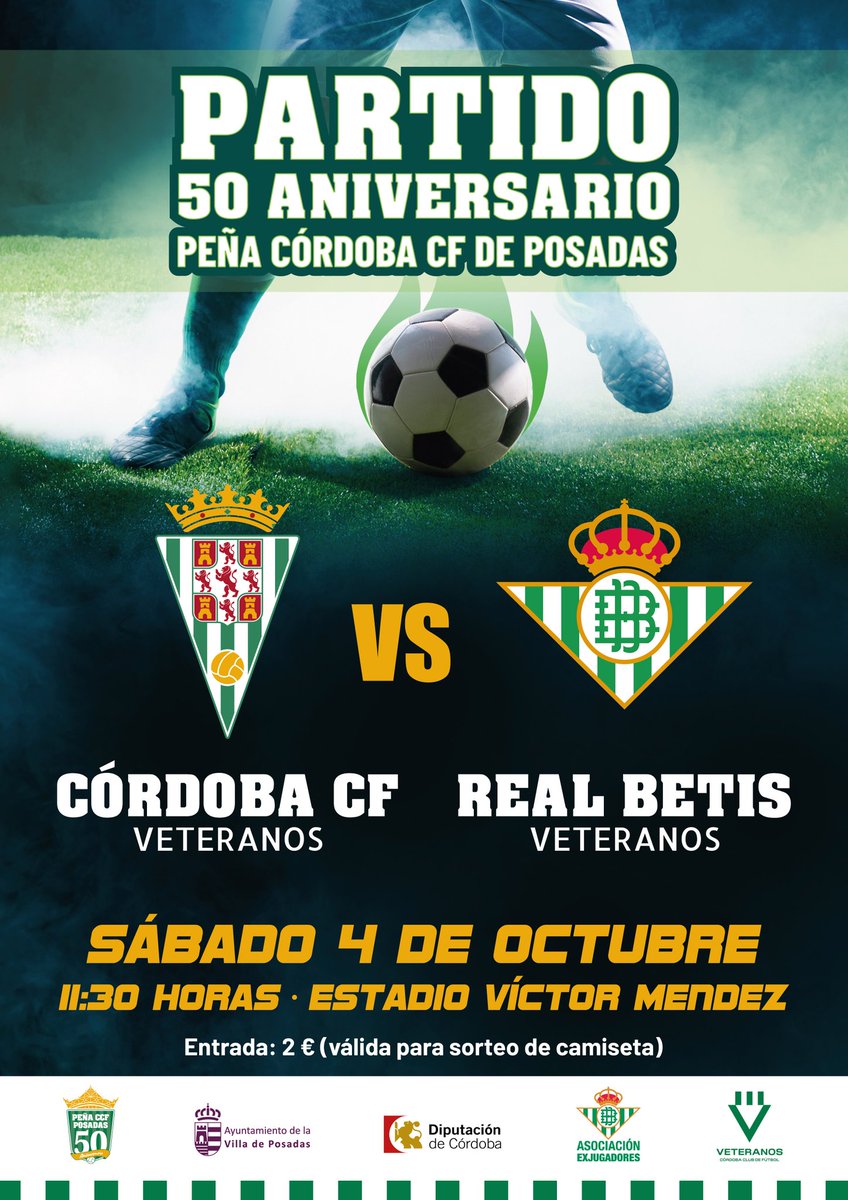 El próximo 4 de Octubre a las 11.30h de la mañana, se enfrentarán los equipos veteranos del Córdoba CF 🆚 Real Betis Balompié, partido organizado por la peña Decana del Cordobesismo en conmemoración de su 50° Aniversario.
Después disfrutaremos de un gran día de convivencia.🤍💚🤍