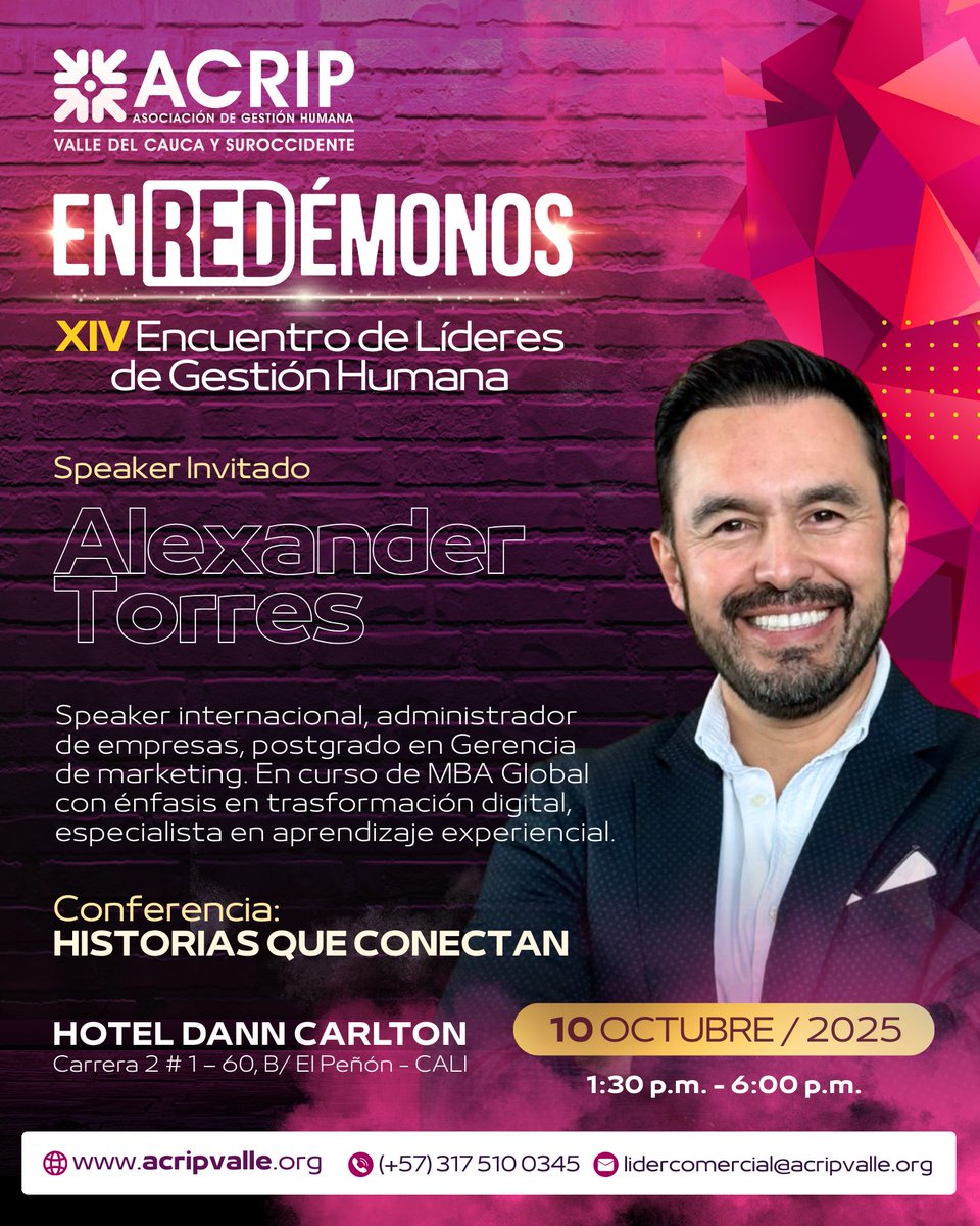 🔹 ENREDÉMONOS 2025 | XIV Encuentro de Líderes de Gestión Humana
El liderazgo que transforma se construye con historias que inspiran.

🔗 Más información e inscripciones: acripvalle.org/enredemonos-14
📞 Contacto:

🌐 acripvalle.org