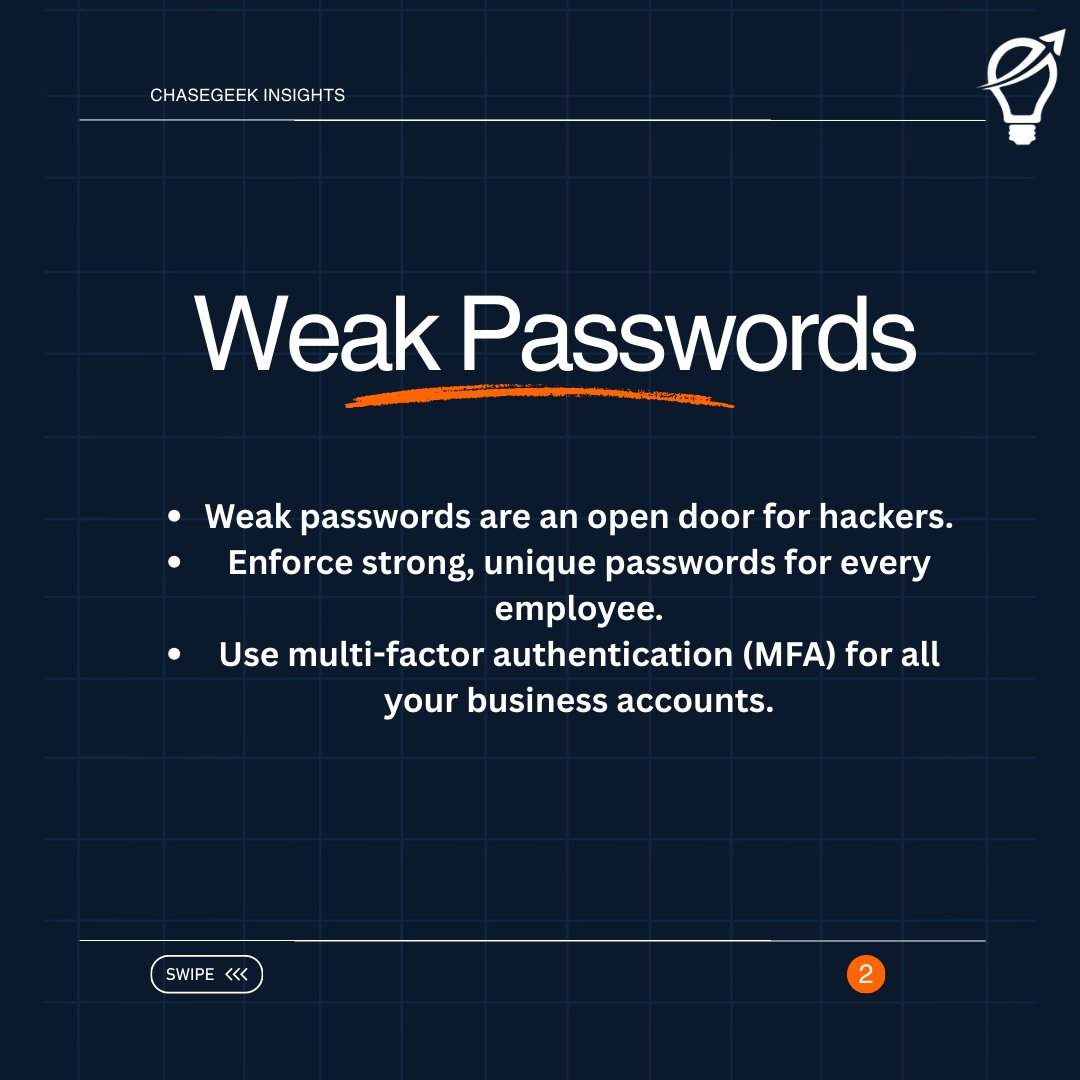 chasegeek's tweet image. Is your business a sitting duck for hackers? 🔒
Don't let weak passwords or phishing scams put you at risk. Protect your data and secure your business with a proper security strategy.
Contact us for a FREE security assessment!
#Cybersecurity #BusinessTips #ITSecurity