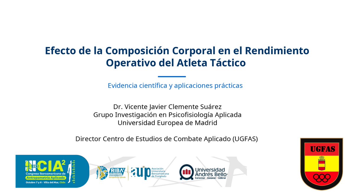 UGFAS_'s tweet image. 📢 El Dr. Vicente J. Clemente Suárez, Director de CESCA-UGFAS y Catedrático UEM, participará en el Congreso Iberoamericano de Antropometría Aplicada (7-8 oct, Viña del Mar 🇨🇱).
Ponencia: Composición corporal y rendimiento del atleta táctico.
#UGFAS #CESCA