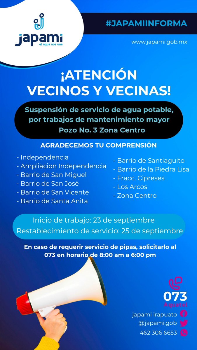 ⚠️ Aviso Importante para vecinos de la zona centro.

Esta mañana, el pozo que abastece la zona presentó una falla en el equipo de bombeo, personal operativo ya trabaja en la reparación para restablecer el servicio lo más pronto posible. 💧

Agradecemos su comprensión.