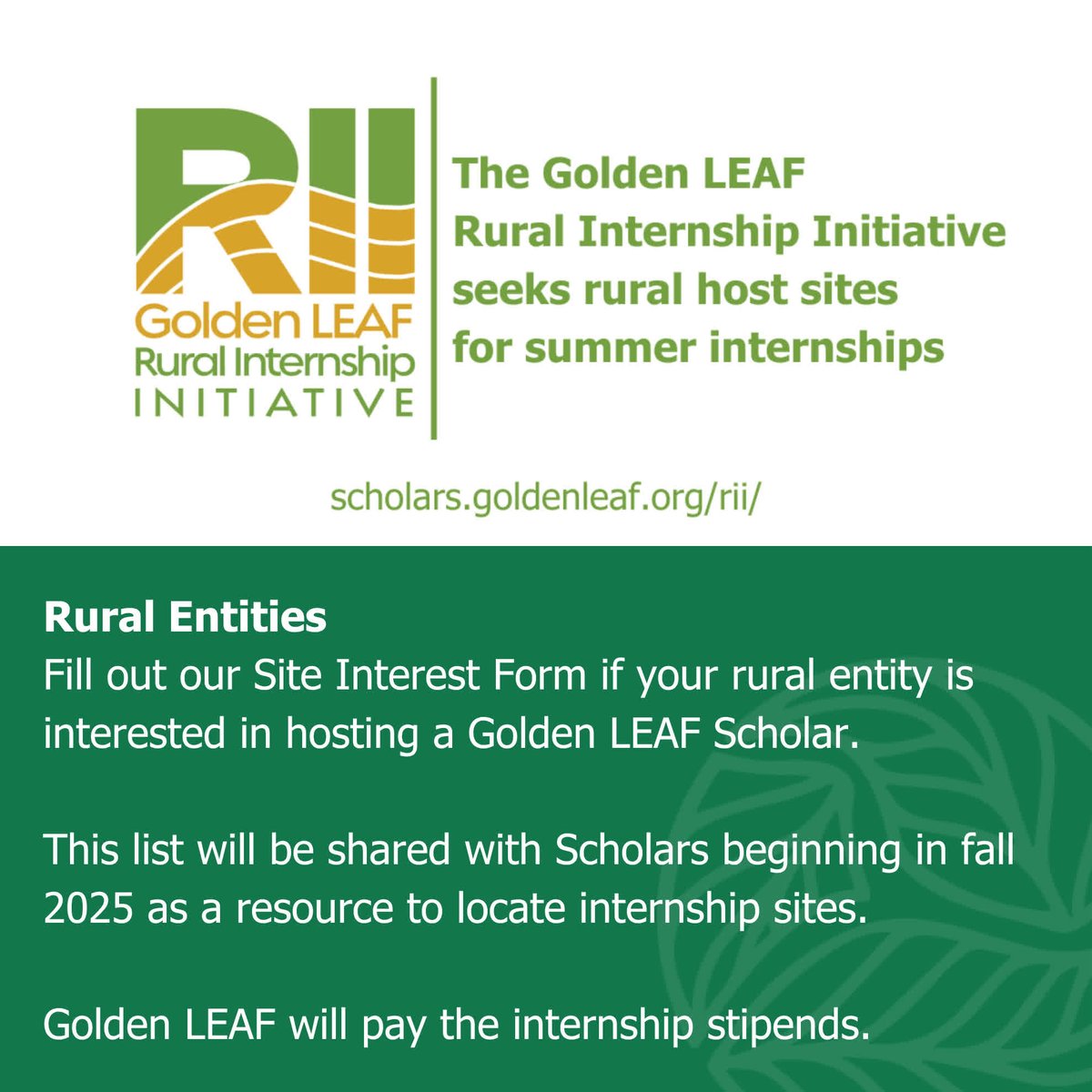 🌟Internship Host Sites Needed🌟
Rural NC entities interested in hosting a summer intern, please fill out our interest form! Golden LEAF will pay the interns ($16 - $18 per hour) for working. Fill out the form here: scholars.goldenleaf.org/rii/
#RII #RuralEntities #GoldenLEAFScholars