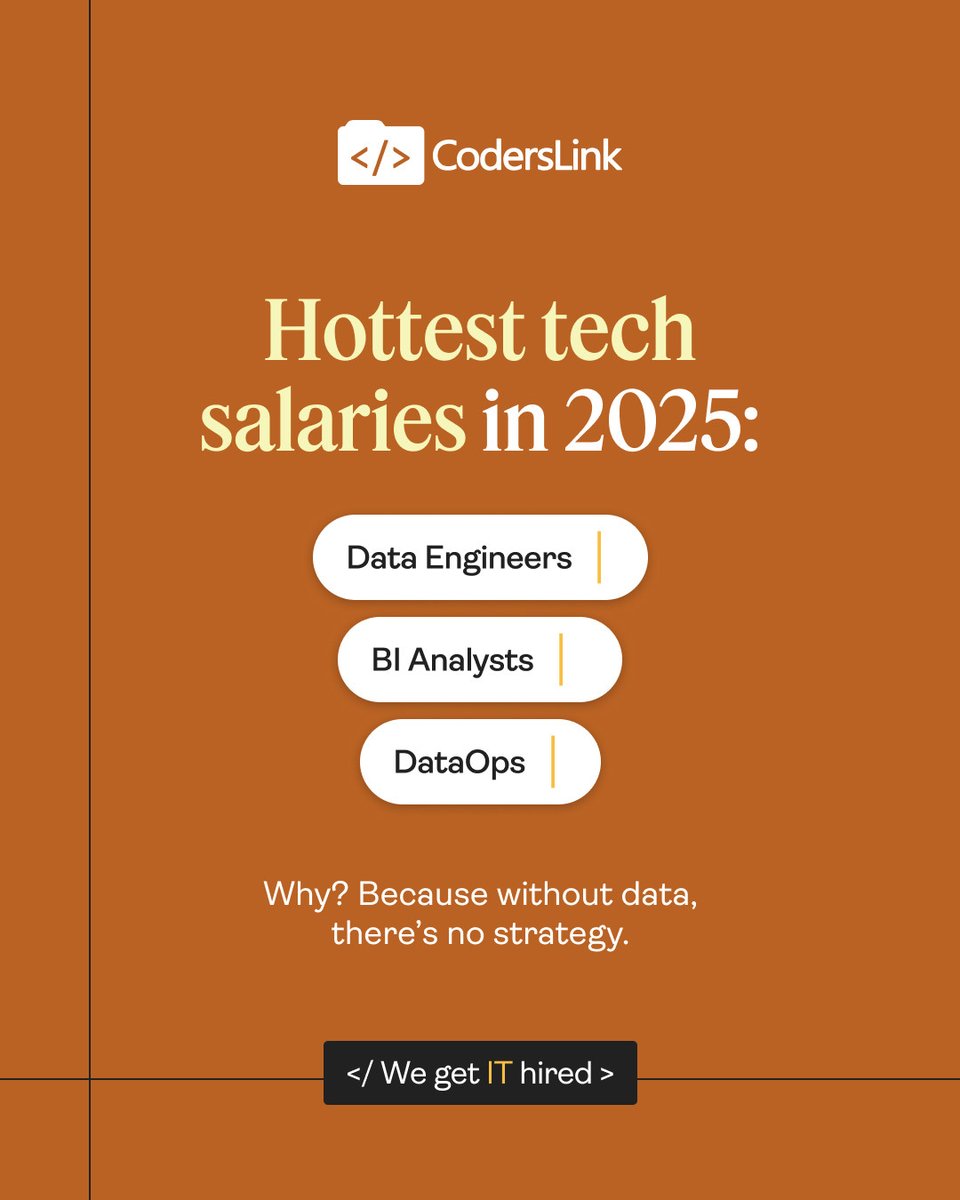 hirecoderslink's tweet image. The hottest tech salaries in 2025?
Data Engineers, BI Analysts, and DataOps. Because without data, there’s no strategy.
👉 Hire where strategy begins. ⚡
#TechSalaries #DataDriven #FutureOfWork