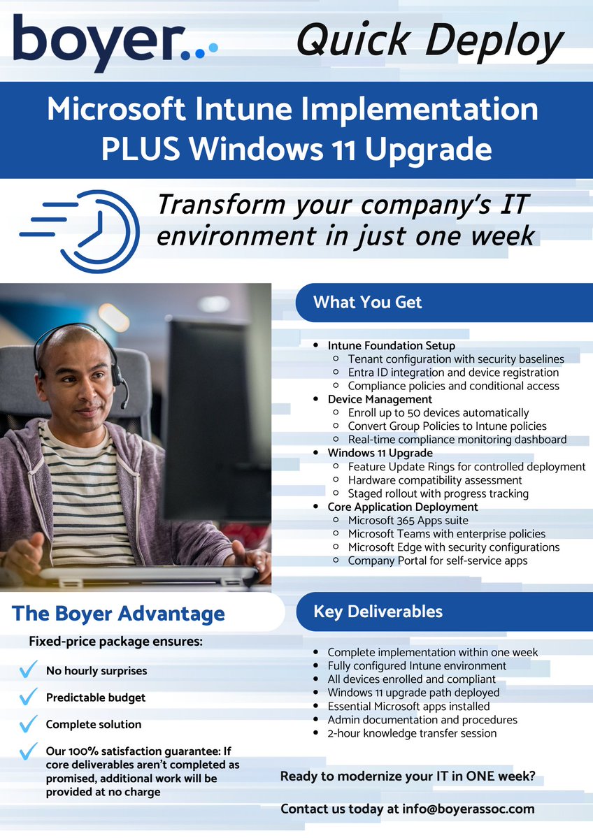BoyerAssoc's tweet image. Boyer’s Quick Deploy service is here—your fast track to a secure, streamlined IT environment with Microsoft Intune implementation PLUS Windows 11 upgrade. Transform your company-wide IT in ONE week!
#MicrosoftIntune #Windows11 #TechUpgrade #ModernWorkplace