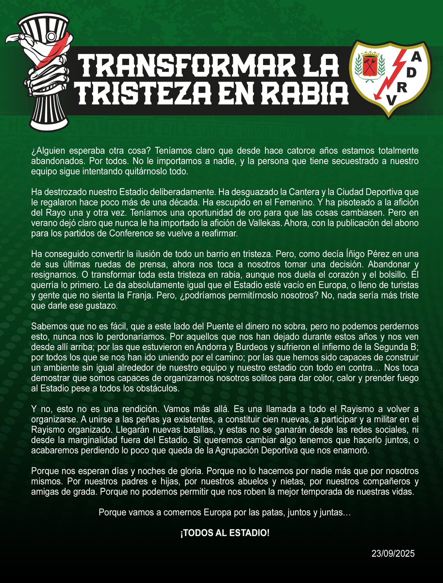 Hemos surcado los mares más adversos y navegado en las peores tempestades como para dejar al Santa Inés navegar solo en Europa.

Lo hacemos por nosotros. Que nadie nos robe esta temporada.

Transformemos la tristeza.
Organicemos la rabia.