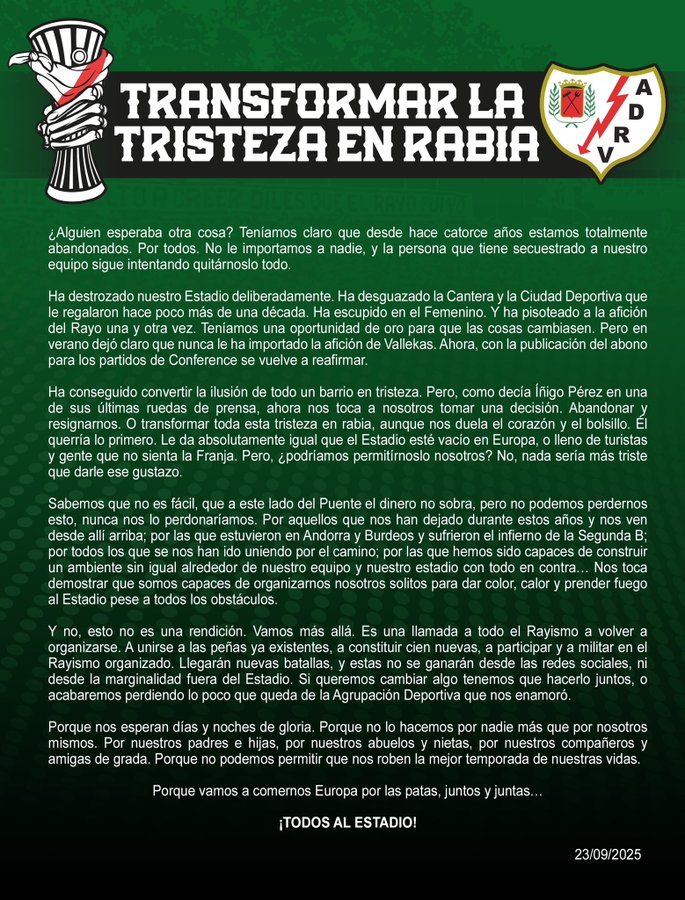 A green banner with white text reading "TRANSFORMAR LA TRISTEZA EN RABIA" at the top. Below, a fist holding a torch is depicted on the left, and a logo with "A.D. RAYO VALLECANO" and a lightning bolt is on the right. Additional text in Spanish covers the banner, including phrases like "Hemos surcado los mares más adversos" and a date "23/09/2025" at the bottom.