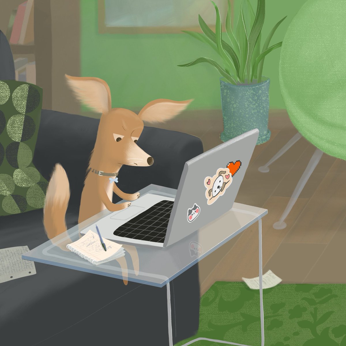 Tap, tap, tap. It’s typing Tuesday. 🤭💻🐶 I hope your week is off to a great start. #violetlemay #illustrator #illustration #kidlit #amwriting #picturebook #writer #dogs #mbartists