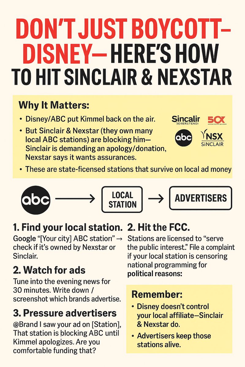 <a href="/mmpadellan/">BrooklynDad_Defiant!☮️</a> Disney/ABC put Kimmel back on the air but many local ABC stations (Sinclair &amp; Nexstar affiliates) are blocking the show. Don’t just cancel Disney —> pressure the advertisers and file FCC complaints. Here’s how. 👇 😊